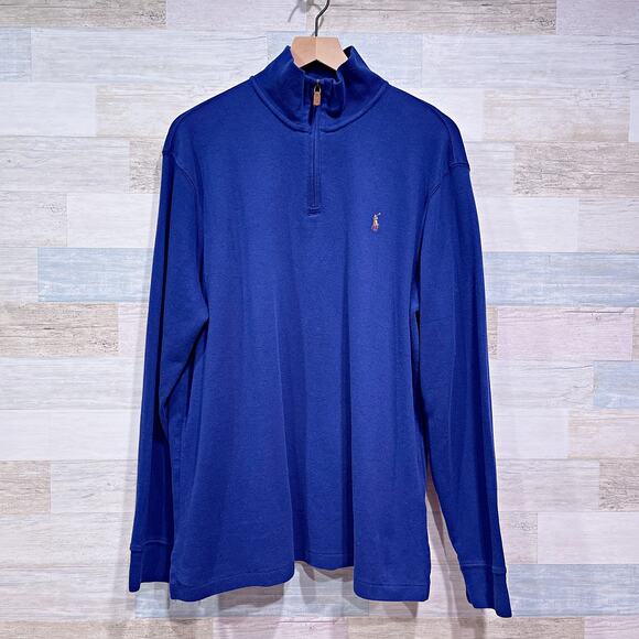 POLO Ralph Lauren Estate Rib 1/4 Zip Sweater Blue Cotton Jersey Mens Large - Picture 1 of 7